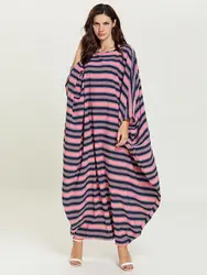 2019 женское мусульманское платье абайя с круглым вырезом и длинным рукавом летучая мышь плюс размер Полосатый Восточный халат из марокена