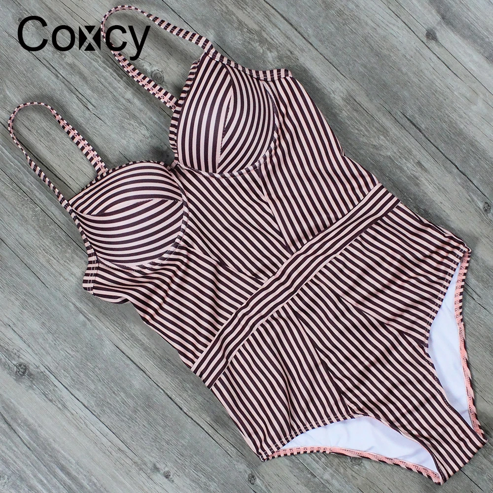 Coxcy Sexy Criss Cross Bandage One Piece Swimsuit Women Low Chest