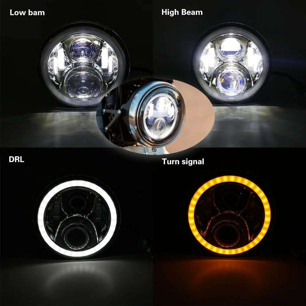 Мотоцикл 7 дюймов светодиодные фары &quotLED DRL H4 Halo Кольцо Янтарный сигнал поворота