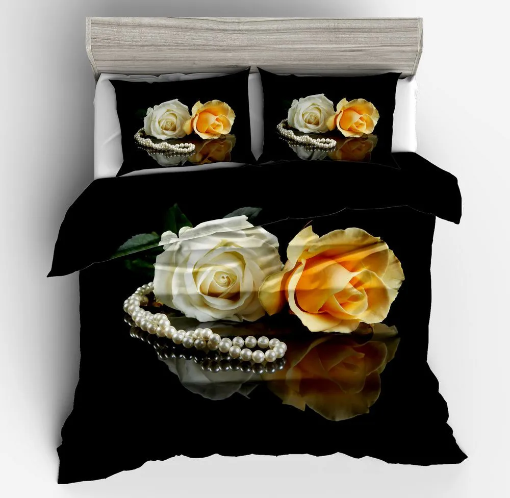 cheap Black white yellow 3D Bedding Sets Duvet Cover Set Flower Plant Printed 3pcs Floral High quality Bed Cover USA King Size Home