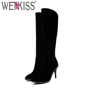 

WETKISS High Heels Women Boots Pointed Toe Zip Flock Footwear Rivet Female Boot Knee High Shoes Women 2018 Winter Plus Size 43