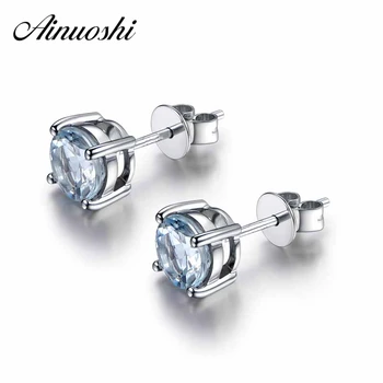 

AINUOSHI Luxury Round Cut Natural Sky Blue Topaz Birthstone Stud Earring Genuine 925 Sterling Silver 2018 Fine Jewelry For Women