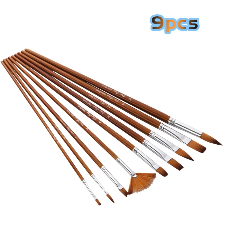 

9Pcs/Set of Linen Long Pole Watercolor Pigment Brush Set Nylon Hair Brush Different Styles Oil Propylene Brush Artistic Supplies