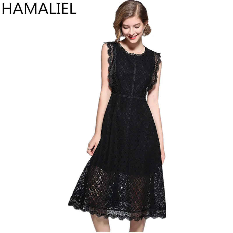 

HAMALIEL High Quality Women Black Lace Party Dress 2018 Summer Sleeveless Black Hollow Out Slim Vintae Empire O Neck Midi Dress