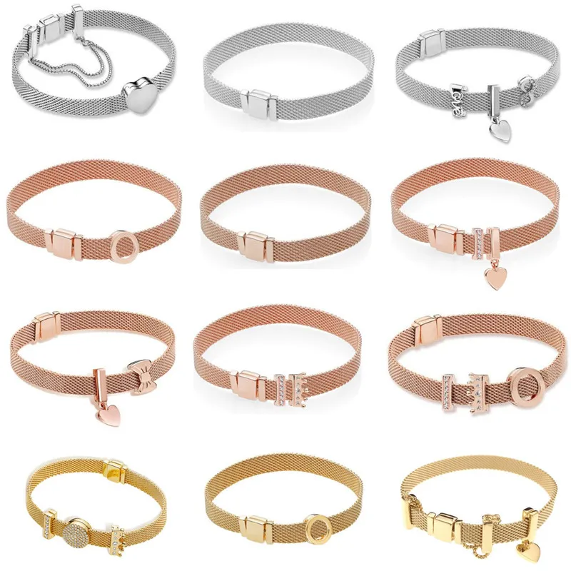 

Real 925 Sterling Silver Gold Rose Original Reflexions Pan Bracelet Gift Set For Women Bead Charm Bangle DIY Jewelry