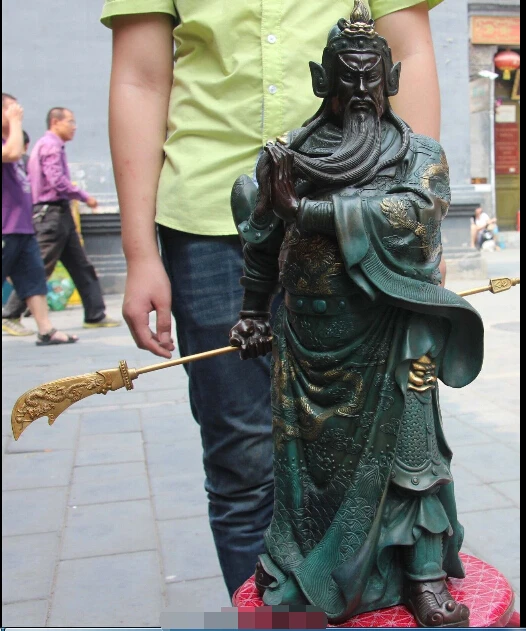 

25" China Copper Bronze Copper Dragon design Guan Gong warrior Hold Sword Statue