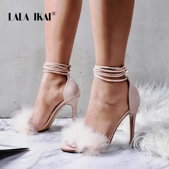 

LALA IKAI Ankle Strap Sandals Women High Heels Summer Sexy Party Shoes Fur Flock Lace-Up Square Heels Sandalie 014C3569-45