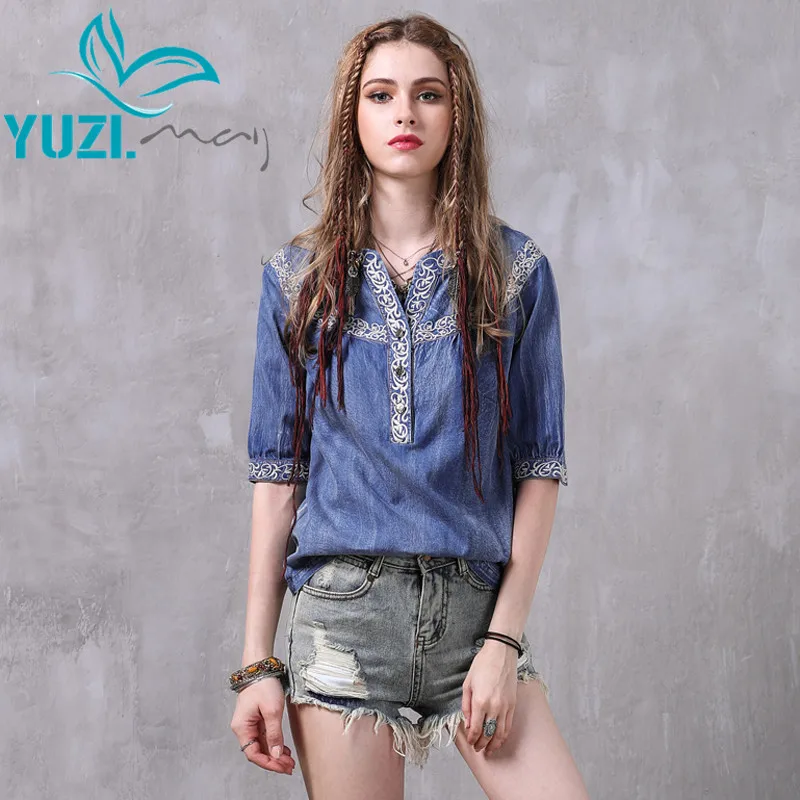 Женская блузка 2017 Yuzi. may Boho новые джинсовые Блузы с v-образным вырезом рукав до