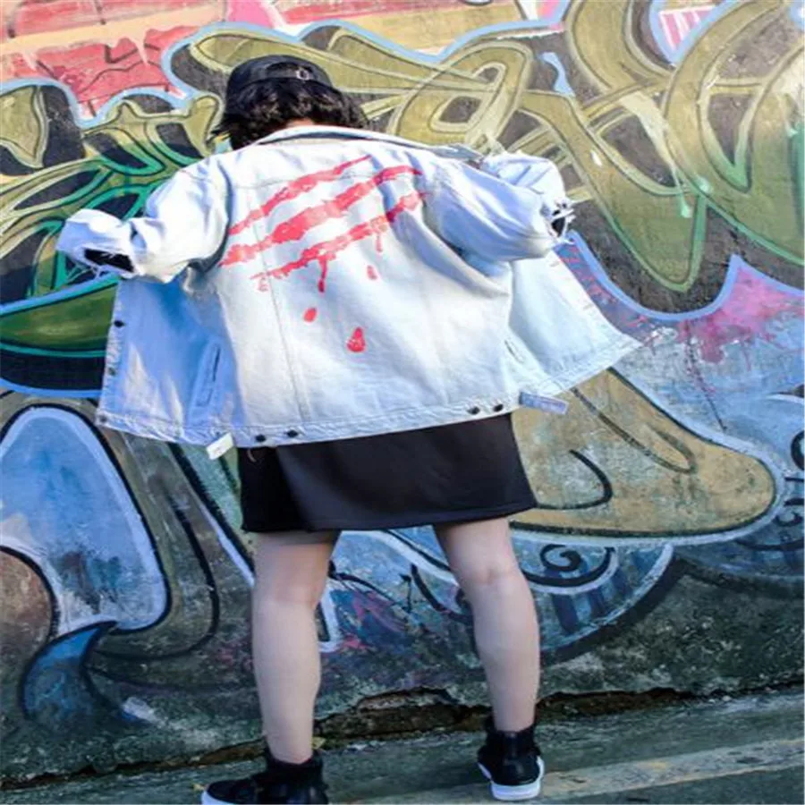 Новый японский Дамы Джинсовая Куртка Пальто Свободные Дикий bf печати Harajuku стиль