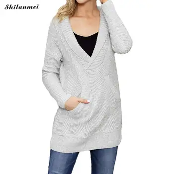 

Autumn Winter Women Sweaters And Pullover Deep V Long Sleeve Casual Black Sweater Big Pocket Solid Knitted Jumpers Sweter Mujer