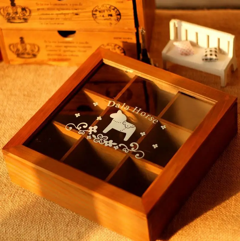 

ZAKKA 9 Grid Vintage Style Cute Dala Horse Printing Wooden Girl's Jewerly Box Multi-use Sundries Storage Case Hot selling gift