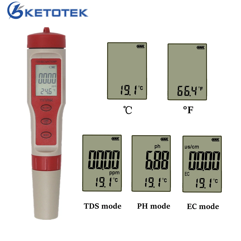 

4 In 1 TDS PH Meter Temperature Meter EC Tester Water Quality Monitor Tester for Pools Drinking Water Aquariums