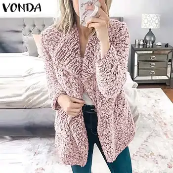 

VODNA Women Coat Warm Faux Fur Jackets 2020 Autumn Winter Long Sleeve Outwear Casual Streetwear Femme Solid Cardigan Plus Size