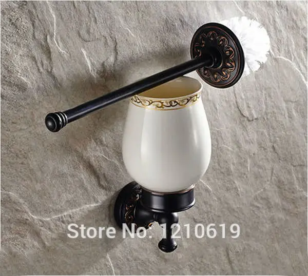 

Cleaning Brush Set Carved Pattern Bathroom Toilet Brush Holder Oil Rubbed Bronze Ceramics Cup Wall Mount
