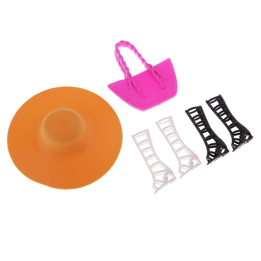 6 pcs Fashion Clothes for Doll Dress Up Two Pairs of Shoes High Sandal Beach Cap Hat Bags Costumes Accessories