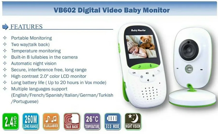 Babykam bebek telsizi ребенка няня видео 2,0 дюймов TFT ЖК дисплей ИК Ночное Видение температура мониторы 8 колыбельные 2 способ говорить VOX режим