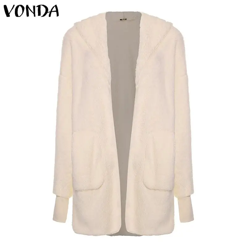 VONDA Women Faux Fur Hooded Jackets Fuzzy Casual Coats Outwear Cardigans Winter Warm Coat Plus Size Solid Color Streetwear