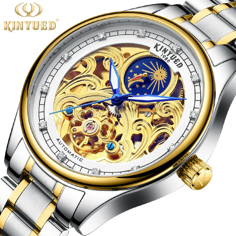 

KINYUED Watch Men Luxury Waterproof Small Dial Hollow Moon Phase Men's Mechanical Self Wind Watches Skeleton Watch montre