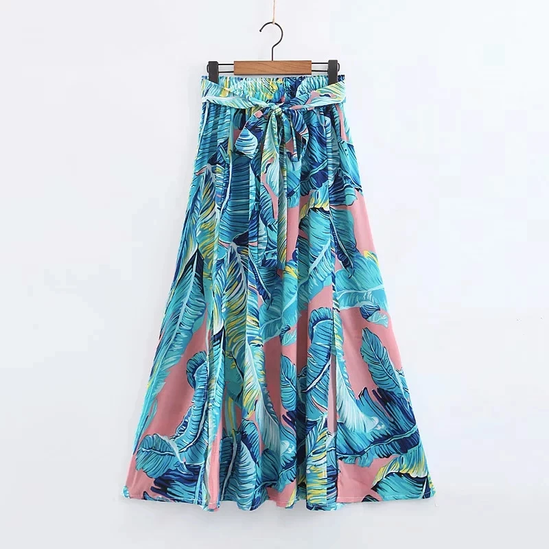 

Klacwaya women floral print long skirts 2019 Bohemian fashion colorful pleated skirt with belts girls street-wear chic bottoms