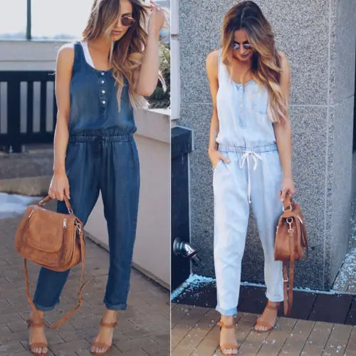 

Women Strap Wide Legs Bodycon Jumpsuit Cowboy Romper Sleeveless Denim Trousers Clubwear