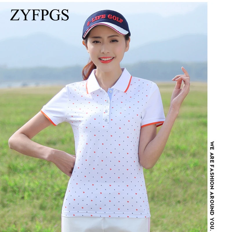 

ZYFPGS 2018 Summer Polos Shirt Printed Dots Solid Lapel Female Shirt Short Sleeve Slim Cotton Shirts Polos Mujer Autumn L0520