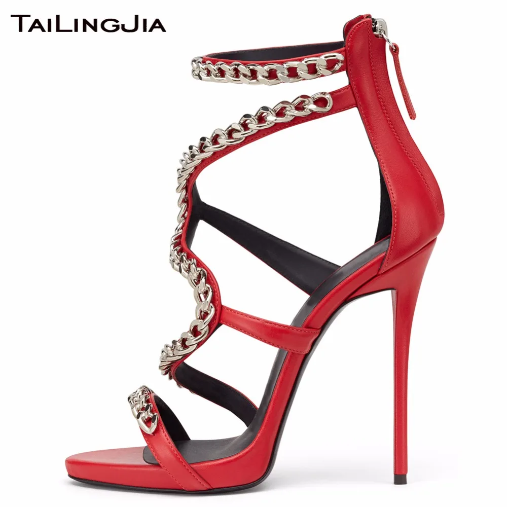 

New Colorful Summer Hollow Open Toe Boots Zipper Fashion High Heels Sandals With Luxury Design Silver Gold Chain Rome Ladies