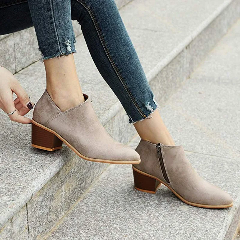 

Laamei 2018 Spring Autumn Women Butterfly-Knot Chelsea Boots Slip-On Med High Heels Chunky Pointed Toe Shoes Woman Plus Size 42