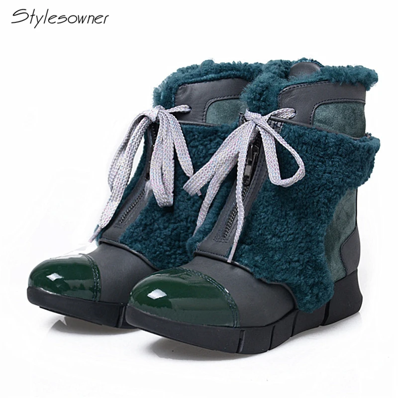 

Stylesowner Fashion Winter Warm Round Toe Snow Women Boots Brief Lace Up Decoration Wedges Genuine Leather Ankle Boots For Girls