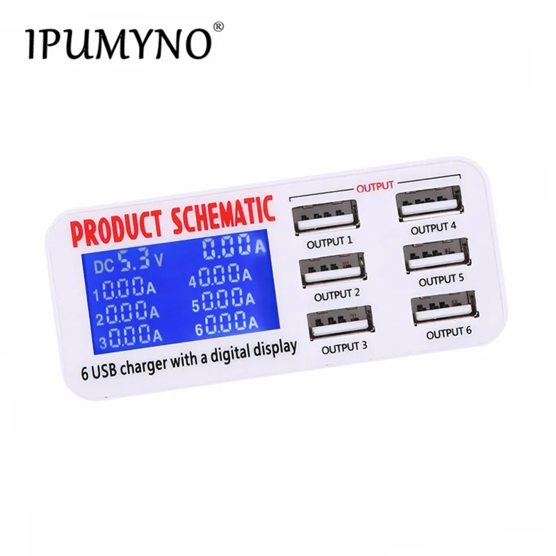 

IPUMYNO 5V 6A with LCD Digital Display 6 Port USB Charger Fast Charge Smart Charging Station Wall Adapter for Smart Phone Tablet