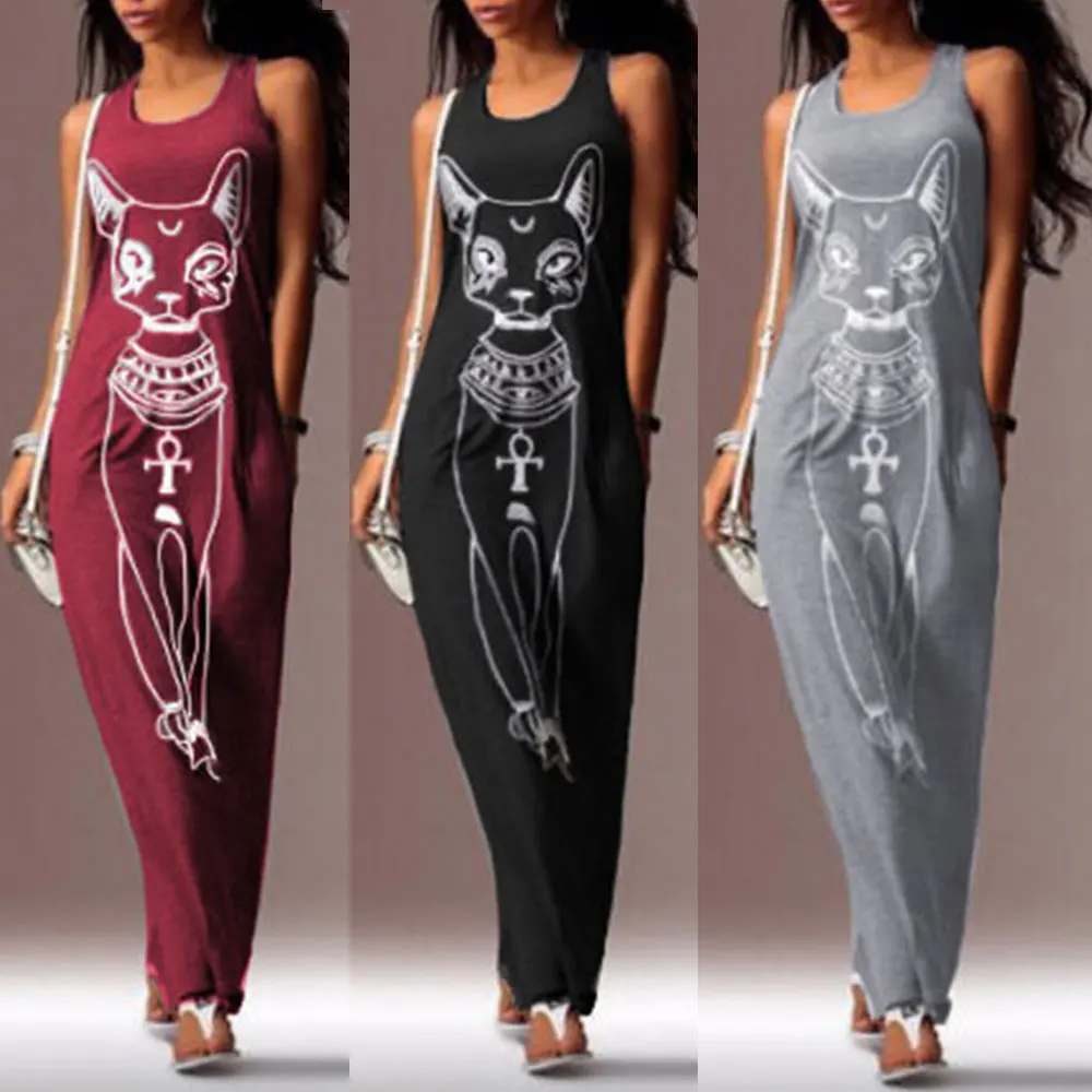 

Buitifo Women Cat Print Long Dress Cute Summer Tee Dress Sleeveless Animal Dress 2019