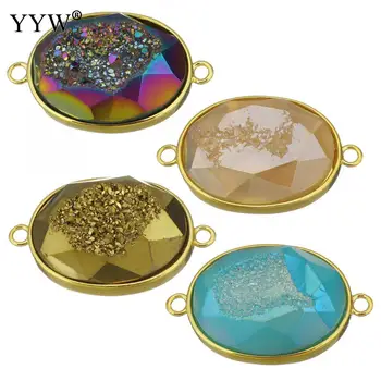 

Brass Connector With Faceted Natural Ice Quartz Agata Stone Beaded Connectors Flat Oval Gold Color Plated 1/1 Loop Sold By Pc