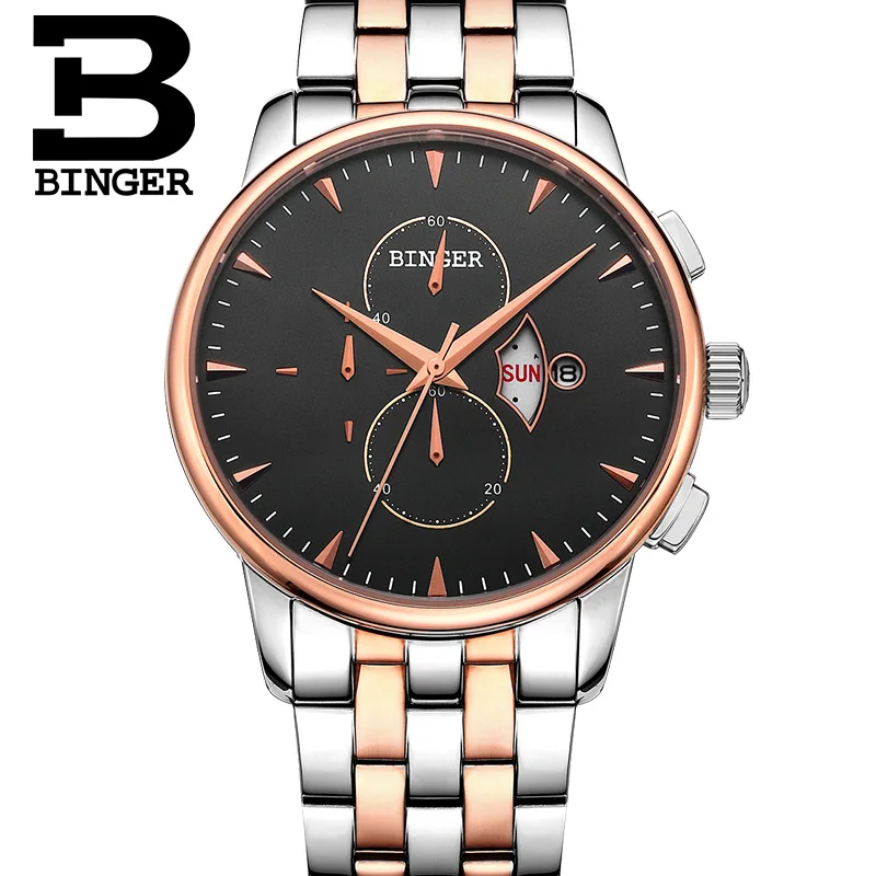 Подлинная Швейцария BINGER бренд мужские из нержавеющей стали бизнес мода сапфир часы мужской кожаный ремешок водонепроницаемый календарь - Цвет: 01