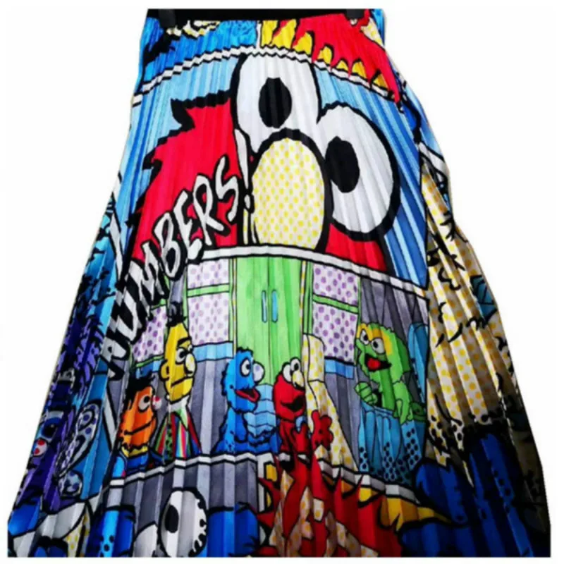 

2019 Women's Satin Print Pleated Long Skirt Cartoon Pattern Maxi Jupe Spring Summer Japanese Harajuku Female Clothes Streetwear