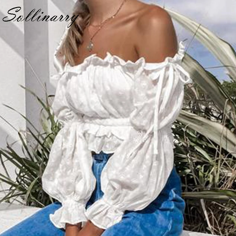 Sollinarry White Sexy Women Crops Tops and Blouse 2019 Off Shoulder Slash Neck Blouse Girl Lantern 