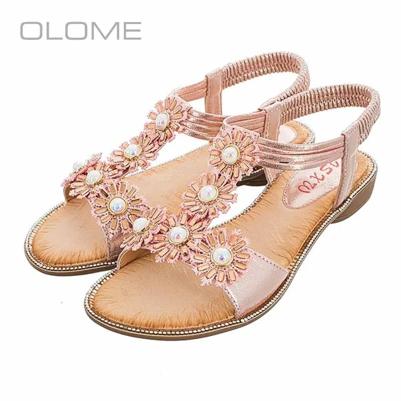

OLOME new super fire personality wild Cute style pearl point drill casual comfortable sandals women female Large size 36-42