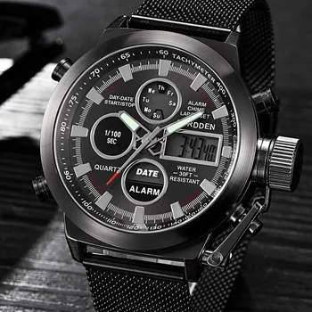 

CURDDEN Sport Watch Men Multi-Function Chronograph Stainless Waterproof Calendar LED Dual Display Luminous Alarm Reloj Hombre
