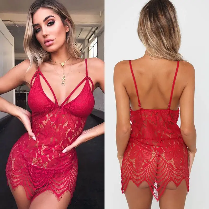 Hirigin 2018 HOT SALE Lingerie Lace Women Red Black Solid Sleepwear Sexy Dress+G-string Slips 2PCS