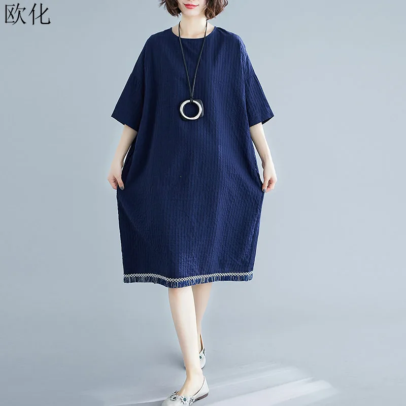 

Plus Size 4XL 5XL 6XL Cotton Linen Summer Sundress Women Casual Loose Big Size Korean Tassel Ladies Vintage Dresses Vestido 2019