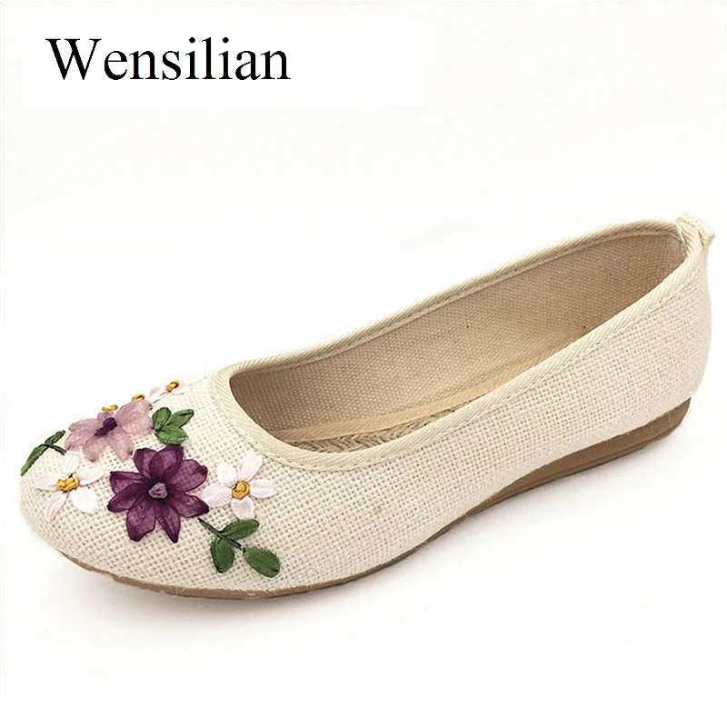 

Summer Flat Shoes Women Slip-On Loafers Women Hand Make Round Toe Flats Embroidery Hemp Canvas Shoes Casual Chaussure Femme
