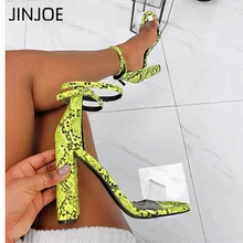 JINJOE/Лидер продаж; стильные летние босоножки на квадратном каблуке размера плюс; флуоресцентные босоножки со змеиным узором на толстом каблуке; женские туфли-лодочки в римском стиле с ремешком
