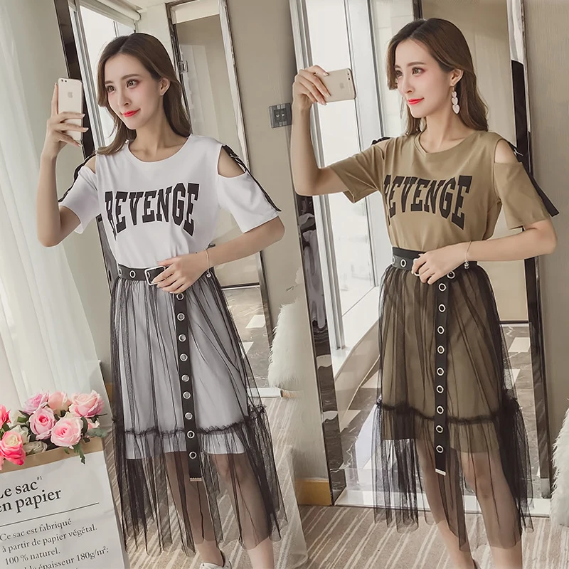 

2019 Summer Women's Cotton Long Strapless T-shirt +Mesh See Through Skirt Sets Women Fashion Holes Belt Skirts Suits 2 Piece set