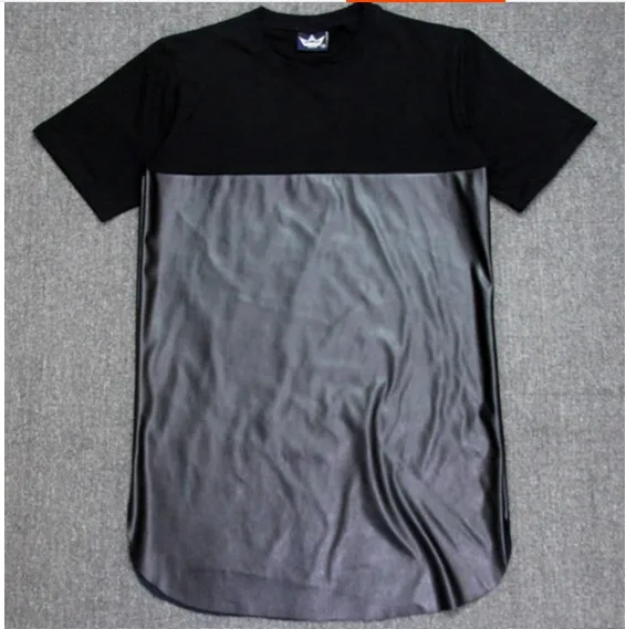 Kaus Kulit T Shirt Perpanjangan Pria Hip Hop Kaus Ritsleting Emas