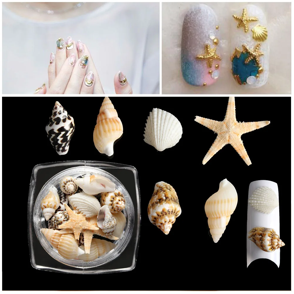 1 коробка, 3D натуральный дизайн ногтей, украшение, мини раковины, Морская звезда, морской пляж, украшения, маникюрные инструменты для самостоятельного украшения ногтей, красота