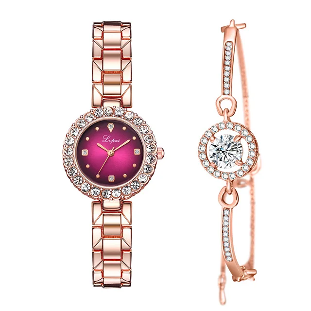 Luxury Diamond Green Watch Women Crystal Watches Bracelet Set Female Jewelry Fashion Rose Gold Starry Quartz Watch For Lady Gift - Цвет: rose red bracelet