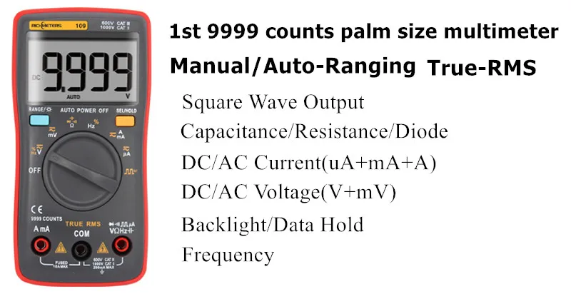 RM109 размер ладони True-RMS цифровой мультиметр 9999 отсчетов квадратная волна подсветка AC DC Напряжение Амперметр Ток Ом Авто/руководство