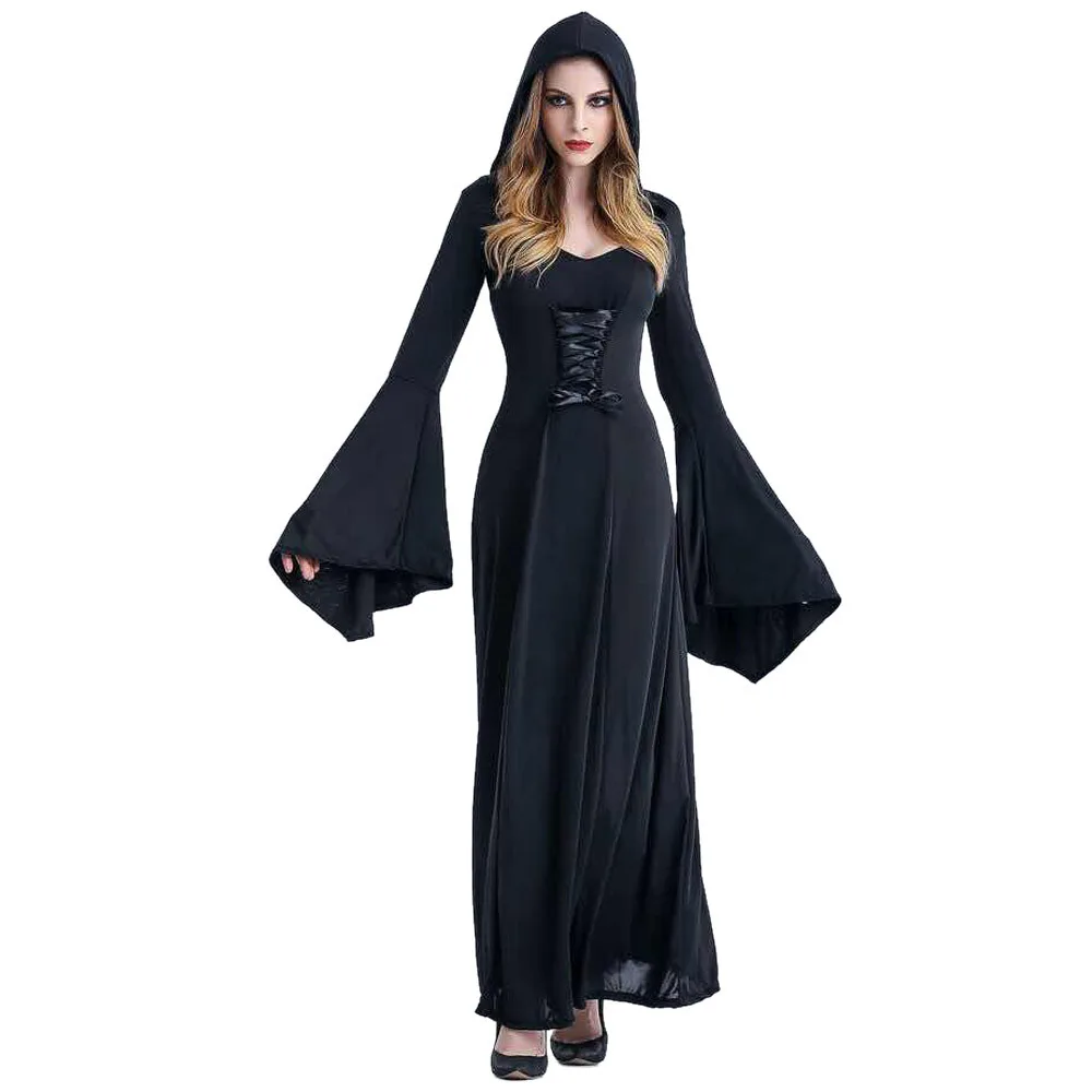 3 цвета, средневековое сексуальное готическое платье ведьмы с капюшоном, для взрослых и женщин, костюмы на Хэллоуин, вампиры, ведьмы, вечерние, маскарадные, длинные платья - Цвет: Черный