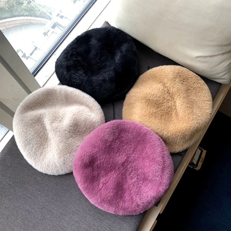 

Winter Spring Berets For Women's Beanie Top Quality Mink Fur Warm Solid Hats Female 2019 New Vintage Beret For Girls Lady