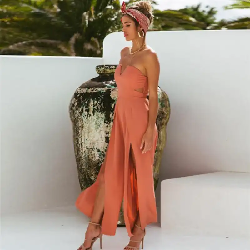 orange off the shoulder jumpsuit