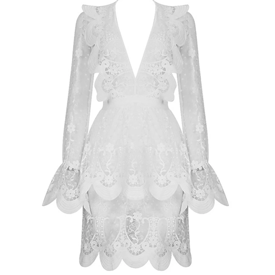 2018-Fashion-Sexy-Lace-Ruffle-V-neck-Flare-Sleeve-Elegant-Women-Mini-Dress-White