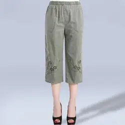 2019 Для женщин плюс Бриджи большого размера брюки летние резинка на талии Повседневное брюки капри Высокая талия прямые льняные брюки XL-4XL